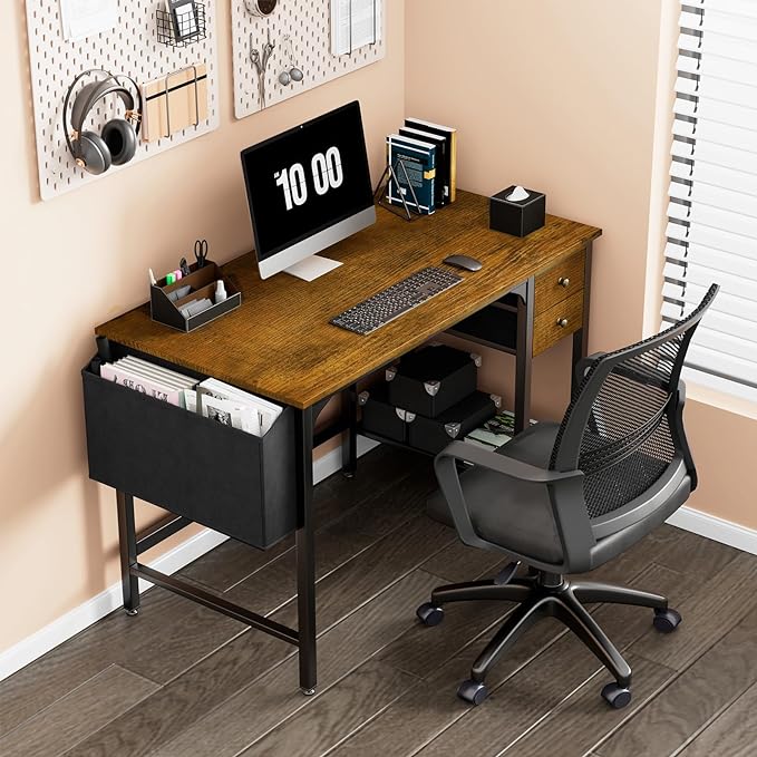 Lufeiya Computer Desk with Drawers - 40 Inch Work Small Desk for Bedroom Home Office, Simple Study Writing Table PC Desks with Drawer Storage Shelves, Rustic Brown - LeafyLoom