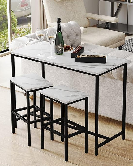 Yongchuang 3 Piece Bar Table Set, Bar Table and Chairs Set of 2, Modern Counter Height Table with 2 Stools for Kitchen, Dining Room, Living Room Breakfast Table White Faux Marble Wood Top - LeafyLoom