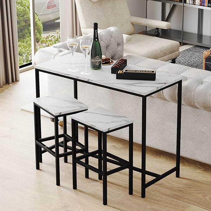 Yongchuang 3 Piece Bar Table Set, Bar Table and Chairs Set of 2, Modern Counter Height Table with 2 Stools for Kitchen, Dining Room, Living Room Breakfast Table White Faux Marble Wood Top - LeafyLoom