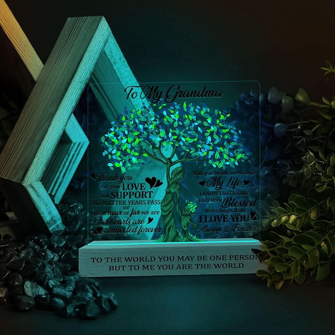 Grandma 3D Illusion Lamp Wooden Base USB Powered Acrylic Night Light, Grandma Gift from Grandson Granddaughter, to my Grandma 3D Lamp, Gifts for Grandma Grandmother Mom on Mothers Day - LeafyLoom