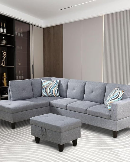 ROOMTEC Button L Shape Sectional Sofa Set, 5 Seat Upholstered Corner Couch with Storage Ottoman, Luxurious Linen Tufted Cushions, for Living Room, Apartment, 97inch, Agate Grey w/Left Chaise Lounge - LeafyLoom