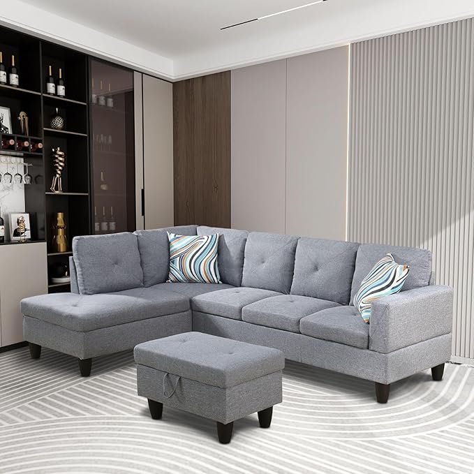 ROOMTEC Button L Shape Sectional Sofa Set, 5 Seat Upholstered Corner Couch with Storage Ottoman, Luxurious Linen Tufted Cushions, for Living Room, Apartment, 97inch, Agate Grey w/Left Chaise Lounge - LeafyLoom