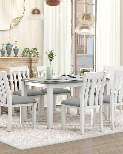 Retro Style 7-Piece Dining Set with Solid Wood Extendable Table and 6 Upholstered Chairs, for Kitchen, Living Room, Home Bar, Easy to Assemble, Gray+White - LeafyLoom