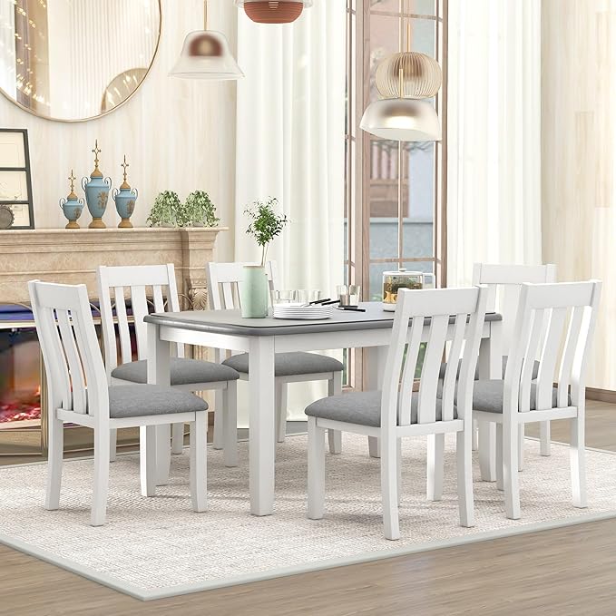 Retro Style 7-Piece Dining Set with Solid Wood Extendable Table and 6 Upholstered Chairs, for Kitchen, Living Room, Home Bar, Easy to Assemble, Gray+White - LeafyLoom