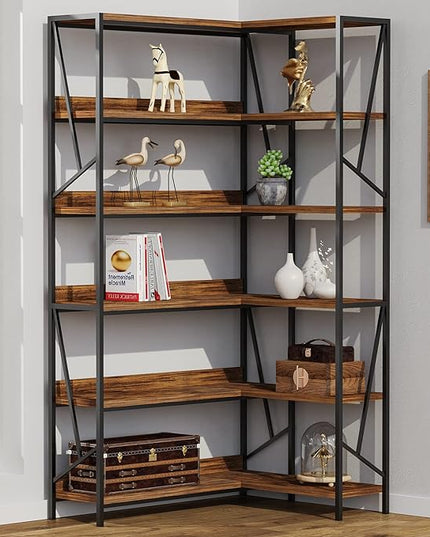Bookshelf 6 Tier Corner Shelf, 77" Industrial Large Corner Etagere Bookcase, 6-Shelf Tall Corner L Shaped Storage Display Rack for Living Room Home Office - LeafyLoom