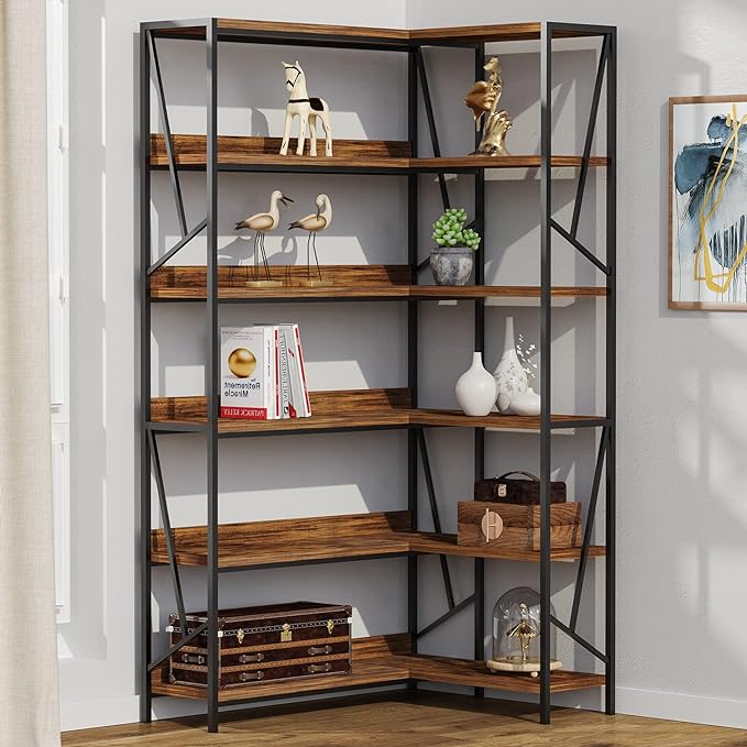 Bookshelf 6 Tier Corner Shelf, 77" Industrial Large Corner Etagere Bookcase, 6-Shelf Tall Corner L Shaped Storage Display Rack for Living Room Home Office - LeafyLoom