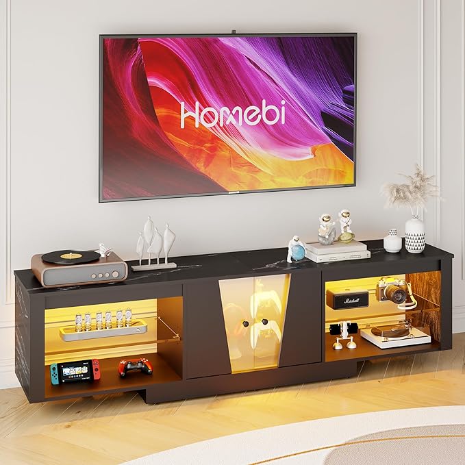 HOME BI TV Stand with LED Lights for TVs up to 70 inch, Entertainment Center with Glass Shelves and Two Cabinets, Console TV Stand for Living Room, 22 RGB Modes, Black - LeafyLoom