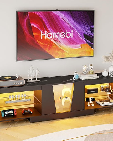 HOME BI TV Stand with LED Lights for TVs up to 70 inch, Entertainment Center with Glass Shelves and Two Cabinets, Console TV Stand for Living Room, 22 RGB Modes, Black - LeafyLoom