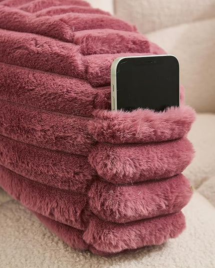 WERDIM Reading Pillow for Sitting in Bed, Faux Fur Back Pillow for Bed Rest, Bed Chair Pillow with Arms and Pockets(Standard, Dusty Rose) - LeafyLoom