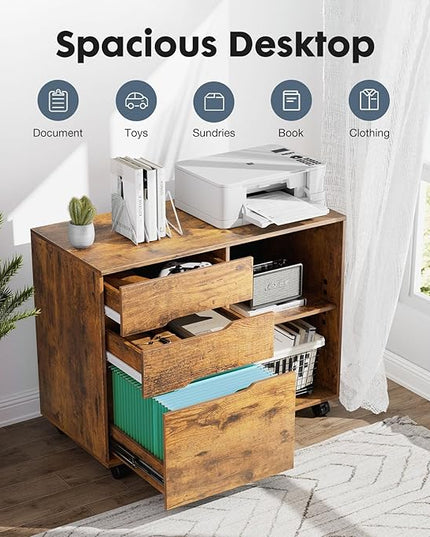 DUMOS Lateral File Cabinet with 3 Drawers Rolling Wooden Printer Stand Under Desk Storage Organizer with 4 Wheels Adjustable Shelf for Office Home, Rustic Brown - LeafyLoom