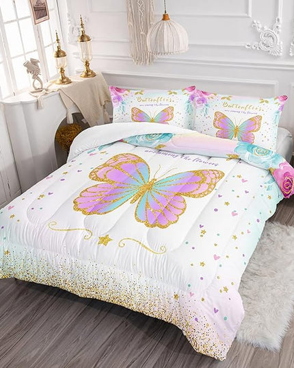 CVHOUSE Butterfly Bedding Set,Butterfly Comforter Full,Butterfly Comforter Set for Girls Kids Teens,Butterflies Quilt Set with 1 Comforter and 2 Pillow Cases- 3 Piece - LeafyLoom