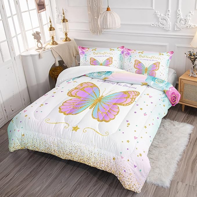 CVHOUSE Butterfly Bedding Set,Butterfly Comforter Full,Butterfly Comforter Set for Girls Kids Teens,Butterflies Quilt Set with 1 Comforter and 2 Pillow Cases- 3 Piece - LeafyLoom