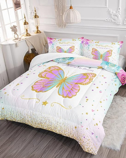 CVHOUSE Butterfly Bedding Set,Butterfly Comforter King,Butterfly Comforter Set for Girls Kids Teens,Butterflies Quilt Set with 1 Comforter and 2 Pillow Cases- 3 Piece - LeafyLoom