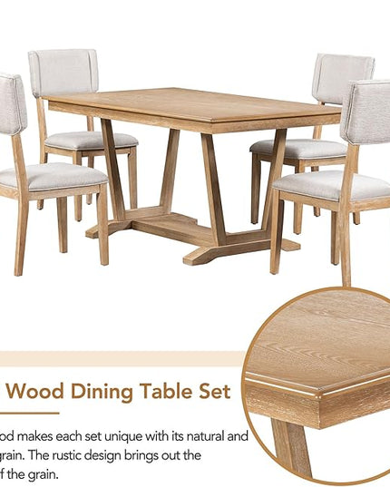 Solid Wood 5-Piece Dining Set with 4 Upholstered Chairs, 59-inch Rectangular Tabletop with Trestle Table Base, for Kitchen Living Room, Natural - LeafyLoom