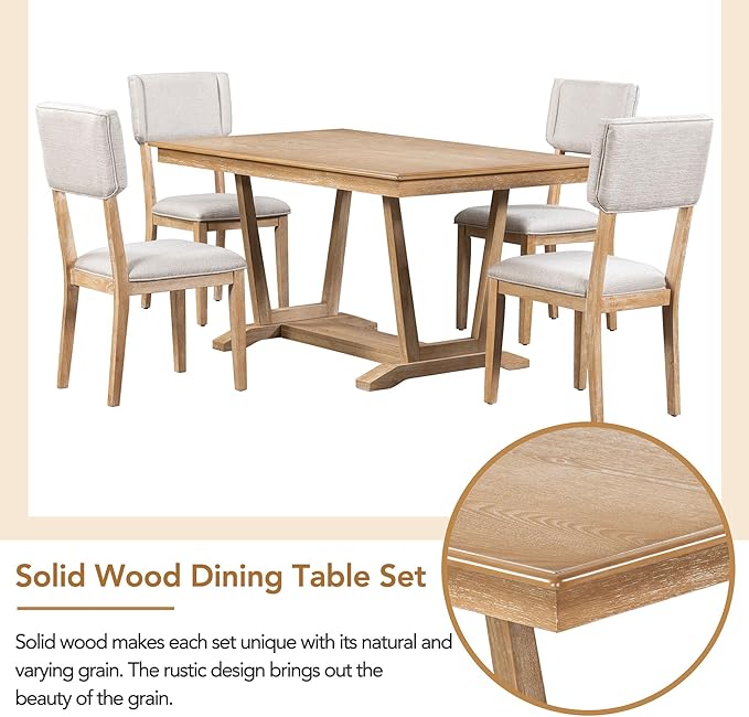 Solid Wood 5-Piece Dining Set with 4 Upholstered Chairs, 59-inch Rectangular Tabletop with Trestle Table Base, for Kitchen Living Room, Natural - LeafyLoom