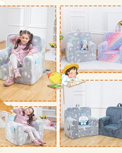 Snuggly-Soft Cuddly Toddler Plush Armchair for Boys and Girls Glowing Grey Fuzzy Plush Kids Sofa Couch Reading Chair with Children Friendly Handle for Easy Movement & Double Pockets for Storage - LeafyLoom