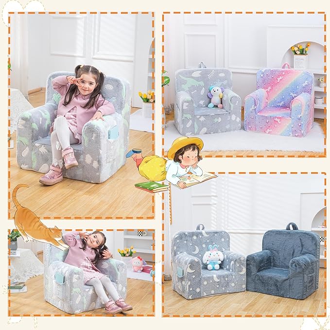 Snuggly-Soft Cuddly Toddler Plush Armchair for Boys and Girls Glowing Grey Fuzzy Plush Kids Sofa Couch Reading Chair with Children Friendly Handle for Easy Movement & Double Pockets for Storage - LeafyLoom