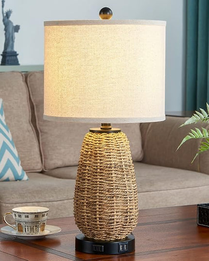 Touch Control Rattan Table Lamps, 3 Way Dimmable Bedside Lamps for Bedroom Set of 2 with 2 USB Ports and AC Outlet, Grass Rope Nightstand Lamps for Living Room Office (2 LED Bulbs Included) - LeafyLoom