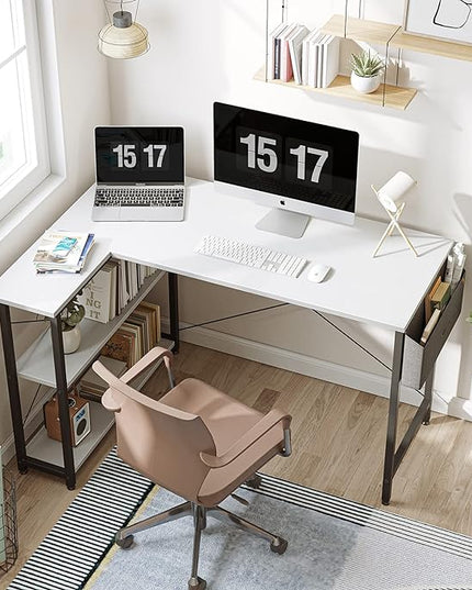 CubiCubi L Shaped Desk, 55 Inch Computer Desk with Reversible Storage Shelves Home Office Corner Desk Study Writing Table, White Top/Black Leg - LeafyLoom