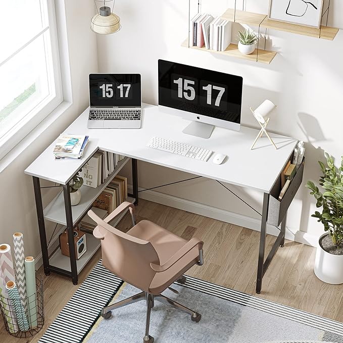 CubiCubi L Shaped Desk, 55 Inch Computer Desk with Reversible Storage Shelves Home Office Corner Desk Study Writing Table, White Top/Black Leg - LeafyLoom