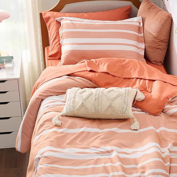 Bedsure Twin XL Comforter Set, Extra Long 5 Pieces Burnt Orange Twin XL Bedding Sets, All Season Dorm Room Essentials with 1 Pillow Sham, Flat Sheet, Fitted Sheet and 1 Pillowcase - LeafyLoom