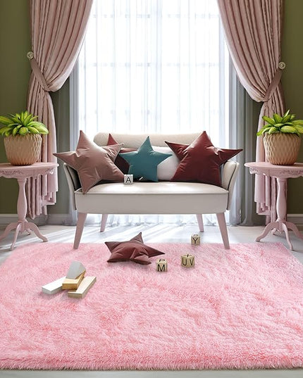 Super Soft Fluffy Shaggy Rugs 5x8 Feet for Living Room Bedroom, Fuzzy Plush Area Rugs for Girls Kids Room Nursery Home Decor, Furry Dorm Rug Cute Non-Slip Indoor Floor Carpet, Baby Pink - LeafyLoom