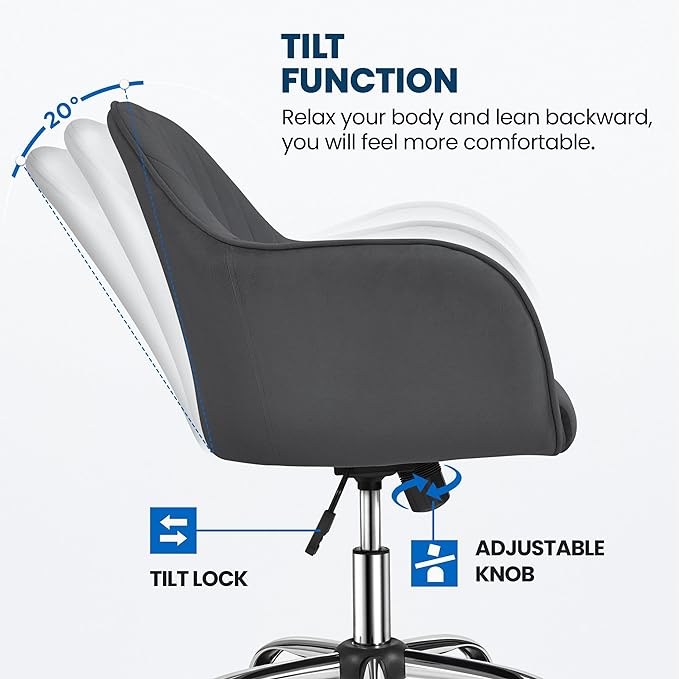 Yaheetech Modern Velvet Desk Chair Soft Height-Adjustable Swivel Computer Chair for Makeup Room Living Room Bedroom Soft Upholstered Office Chair Gray - LeafyLoom