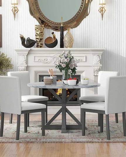 NicBex Small Dining Table Set for 4 Round Dining Table Set 5-Piece Dining Table Set, Marble Sticker and Cross Bracket Pedestal Dining Table, and 4 Upholstered Chairs, White+Gray - LeafyLoom