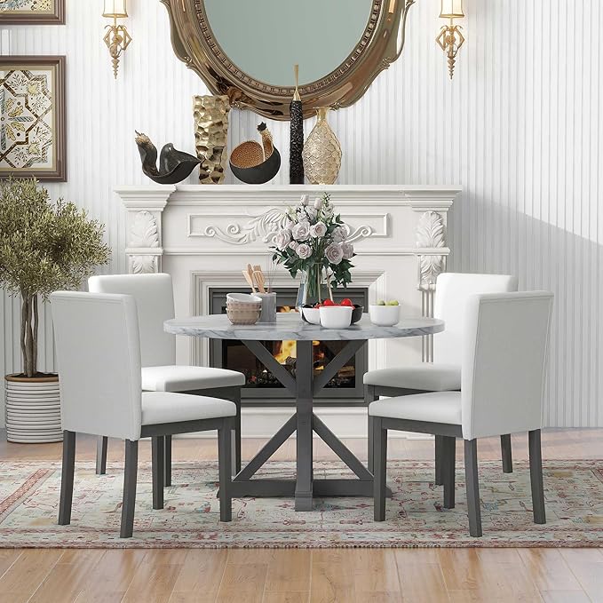NicBex Small Dining Table Set for 4 Round Dining Table Set 5-Piece Dining Table Set, Marble Sticker and Cross Bracket Pedestal Dining Table, and 4 Upholstered Chairs, White+Gray - LeafyLoom