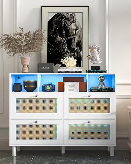 Sideboard Buffet Cabinet, Kitchen Storage Cabinet with Power Outlet & Led Lights, Accent Cabinet with 4 Rattan Doors, White - LeafyLoom