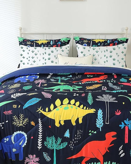 Kids Boys Dinosaur Comforter Set Full Size 7 Piece Bed in a Bag Colorful Dino Bedding Set for Child Teens (1 Comforter, 1 Flat Sheet, 1 Fitted Sheet, 2 Pillow Shams, 2 Pillowcases) - LeafyLoom