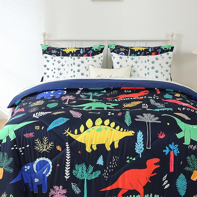 7 Piece Dinosaur Bedding Set Queen Size for Kids Boys Teens Cartoon Blue Dino Comforter Set with Sheet Colorful 3D Print Bed in a Bag - LeafyLoom