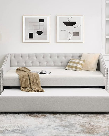 Twin Size Upholstered Daybed with Trundle,Button Tufted Sofa Bed with Nailhead Trim for Bedroom,Livingroom,Guest Room,Beige (80.5"x41"x30.5") - LeafyLoom