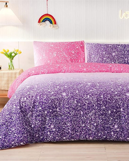 Holawakaka Kids Space Star Glitter Comforter Set Ombre Pink Purple Print Gradient Bedding Set Queen Size (Pink Purple, Queen)…… - LeafyLoom