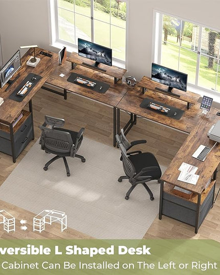 Homieasy L Shaped Computer Desk with Storage File Drawer, Reversible Home Office Desk with Recessed Power Strip and Led Strip, Corner Gaming Desk Work Study Table with Monitor Stand, Rustic Brown - LeafyLoom