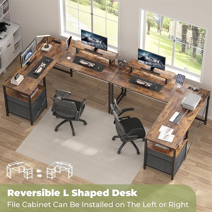 Homieasy L Shaped Computer Desk with Storage File Drawer, Reversible Home Office Desk with Recessed Power Strip and Led Strip, Corner Gaming Desk Work Study Table with Monitor Stand, Rustic Brown - LeafyLoom