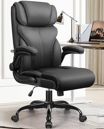 Office Chair, Ergonomic Big and Tall Computer Desk Chairs, Executive Breathable Leather Chair with Adjustable High Back Flip-up Armrests, Lumbar Support Swivel PC Chair with Rocking Function - LeafyLoom