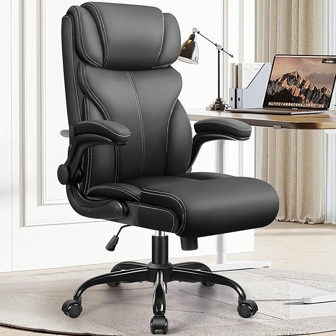 Office Chair, Ergonomic Big and Tall Computer Desk Chairs, Executive Breathable Leather Chair with Adjustable High Back Flip-up Armrests, Lumbar Support Swivel PC Chair with Rocking Function - LeafyLoom