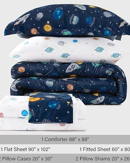 Twin Size Space Kids Bedding Set for Girls, 7 Pieces Super Soft Lightweight Microfiber Comforter Set with Sheets, Bed in a Bag, Durable Children Bed Set - LeafyLoom