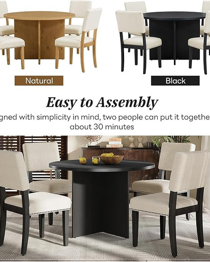 Modern Round Pedestal Kitchen 4 Upholstered Chairs, Rubber Wood, Easy Assembly, for Studio, Apartment, Small Places, Room, 5 Piece Dining Table Set, Black 3 - LeafyLoom