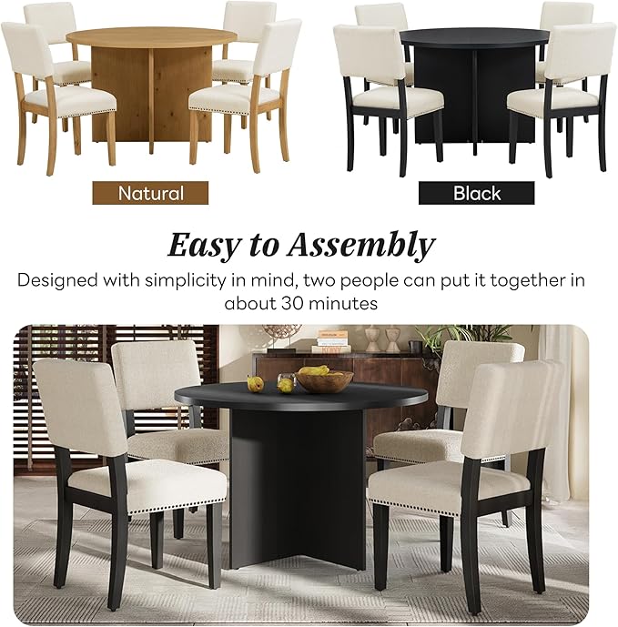 Modern Round Pedestal Kitchen 4 Upholstered Chairs, Rubber Wood, Easy Assembly, for Studio, Apartment, Small Places, Room, 5 Piece Dining Table Set, Black 3 - LeafyLoom