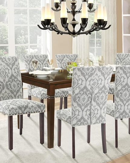 Parsons Dining Chairs Set of 6, Upholstered Nailhead Dining Room Kitchen Side Chair with Thick Cushions and Wood Legs, White/Grey - LeafyLoom