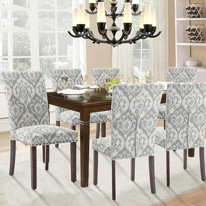 Parsons Dining Chairs Set of 4, Upholstered Nailhead Dining Room Kitchen Side Chair with Thick Cushions and Wood Legs, White/Grey - LeafyLoom
