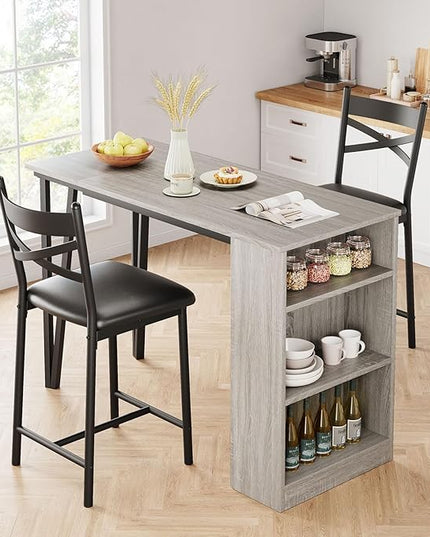 GAOMON Dining Table Set for 2, Kitchen Bar Table and Chairs Set for 2, 3PCS Kitchen Table Set with 2 Upholstered Chairs, Expandable Counter Height Bar Table Set with 3 Storage, Grey - LeafyLoom