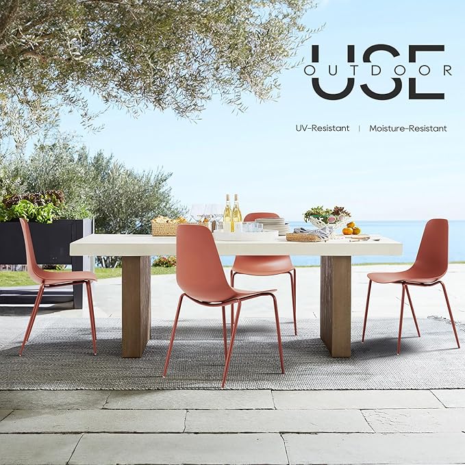COLAMY Stackable Dining Chairs Set of 4, Indoor Outdoor Dining Room Side Chairs with Metal Legs, Modern Plastic Patio Chairs for Home/Kitchen/Office/Resturant/Bistro/Cafe, Orange - LeafyLoom