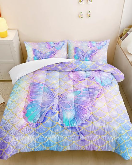 CVHOUSE Butterfly Comforter Set Full Size,Rainbow Mermaid Butterfliy Bedding Set for Kids Girls,Rainbow Mermaid Butterflies Quilt Set Butterfly Duvet Set Girl's Bedroom Decor 3 Pieces - LeafyLoom