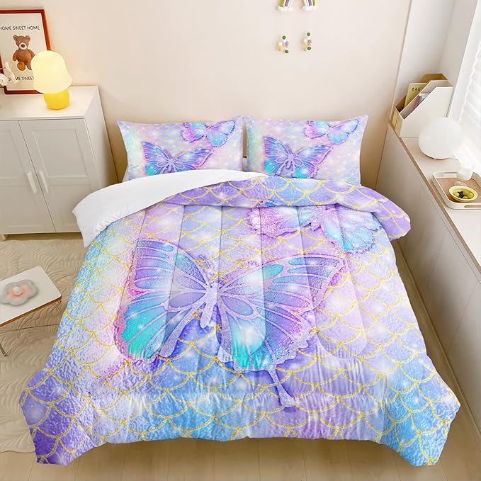 CVHOUSE Butterfly Comforter Set Twin Size,Rainbow Mermaid Butterfliy Bedding Set for Kids Girls,Rainbow Mermaid Butterflies Quilt Set Butterfly Duvet Set Girl's Bedroom Decor 3 Pieces - LeafyLoom
