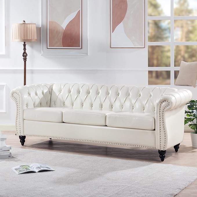 3-Seaters Living Room Clasic Chesterfield Sofa Couch Button Tufted PU Leather Upholstered Sofa&Couch with Luxury Roller Armrest Soild Wood Legs Movable Cushions & Nailhead Decor - LeafyLoom