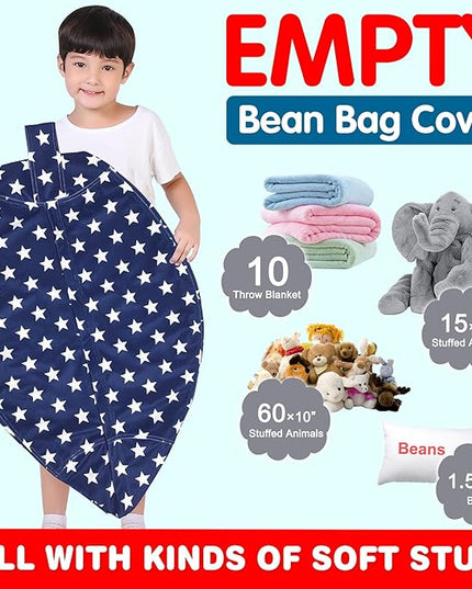 Lukeight Stuffed Animal Storage Bean Bag Chair Cover for Kids, Zipper Beanbag Chair Cover for Organizing Toddler & Kids' Rooms Plush Toys (Stars Navy Velvet, Large) - LeafyLoom