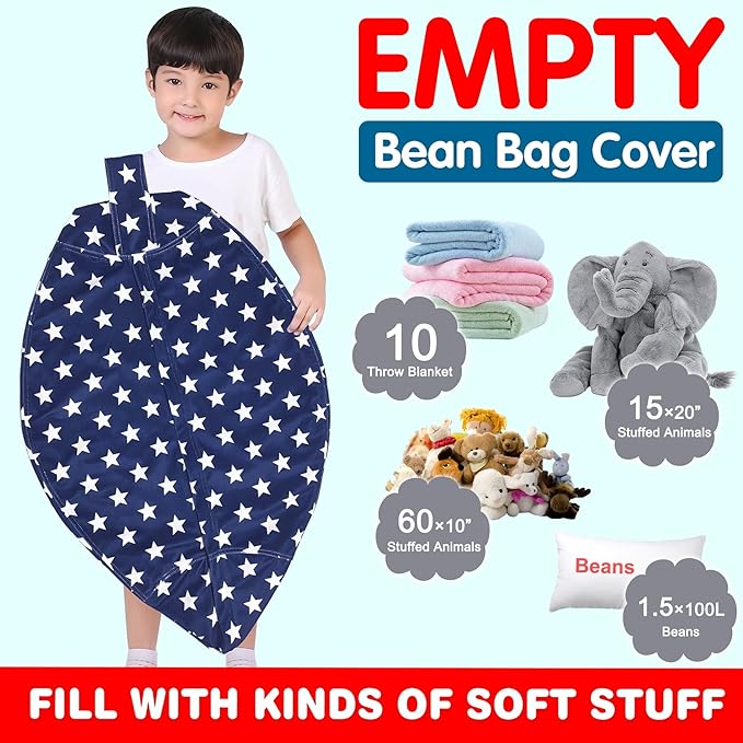 Lukeight Stuffed Animal Storage Bean Bag Chair Cover for Kids, Zipper Beanbag Chair Cover for Organizing Toddler & Kids' Rooms Plush Toys (Stars Navy Velvet, Large) - LeafyLoom